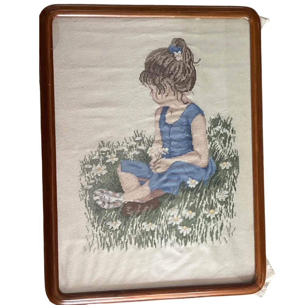 Vintage Framed Cross Stitch Girl‎ in Blue Dress Daisy Field Needlepoint Wall Art
